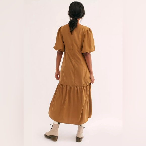 Free People Large Jordan Puff Short Sleeve Drop Ruffle Hem Midi Dress Tobacco - Picture 2 of 11